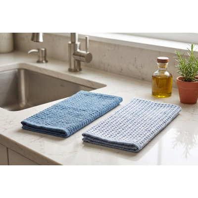Ensemble de 2 torchons de cuisine bleu denim, 100 % coton, absorbants, en éponge, pour sécher la vaisselle, 40 x 60 cm, tissage gaufré.