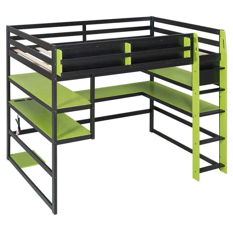 Lit mezzanine double en bois avec bureau, support de rangement latéral, tablettes multiples et lumière RVB, peu encombrant, vert