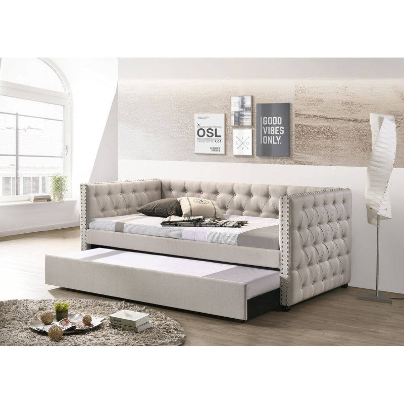 Wickman Daybed with Trundle,Platform Bed,Bed Frame, Beige, Full / Double, Solid + Manufactured Wood