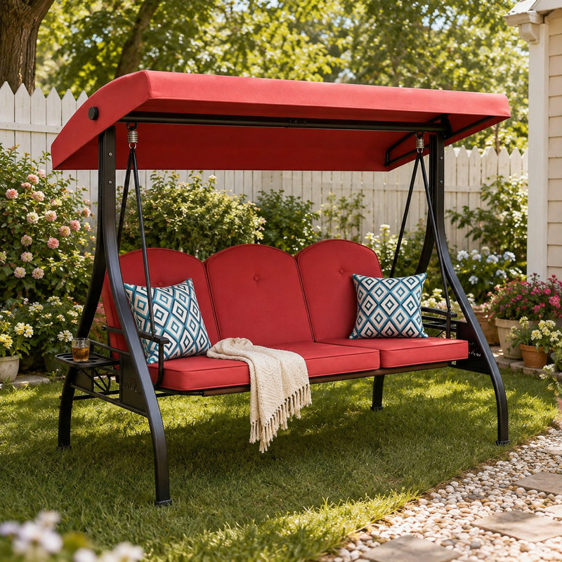 Balancelle-lit convertible 3 places pour terrasse extérieure de 195 cm (77 po) avec auvent réglable et porte-gobelets, capacité de 363 kg (800 lb).