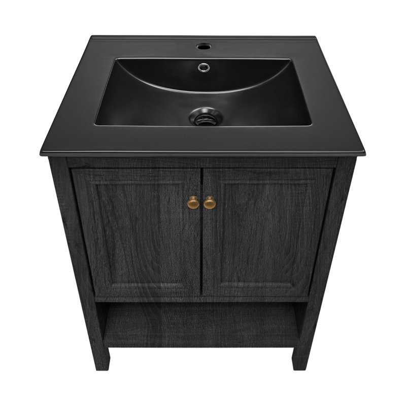 Meuble-lavabo autoportant en chêne 24 po avec plateau d'évier Château, Noir, Noir, Trou unique