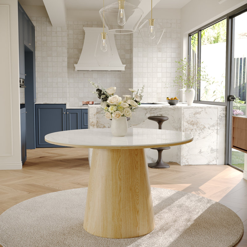 Maxwell 47" Round Dining Table for 4-6, Sintered Stone Tabletop with Solid Oak Base, Oak