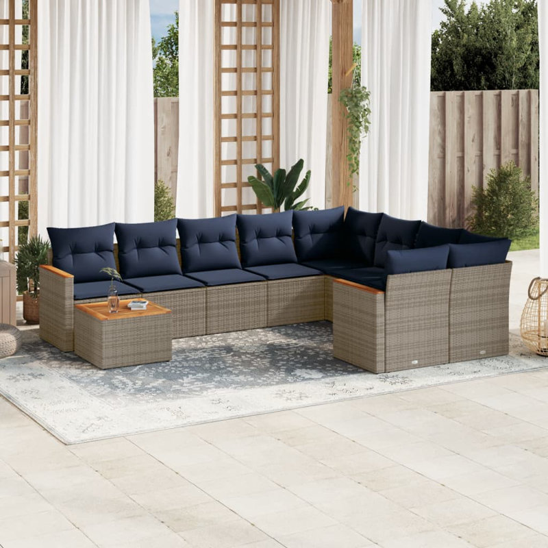 Ensemble de canapé de patio 10 pièces avec coussins en rotin de polyester, Marine, Gris