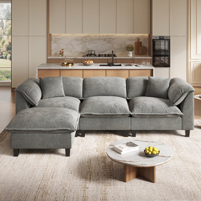  Canapé modulaire modulaire avec repose-pieds mobile, canapé en L avec housses de coussin lavables amovibles, coussins très épais de 9,8 po, assemblage facile sans outil, accoudoirs rembourrés pour le salon, gris