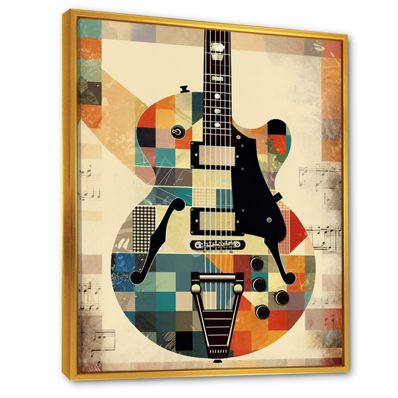 Cubisme de guitare - musique, art mural pour le salon, H 20 po x l 12 po x P 1 po, Cadre flottant doré