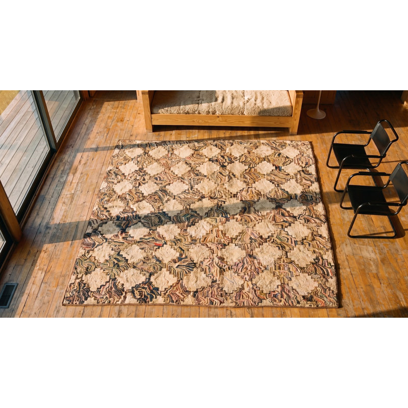 Antique Square Allover Geometric American Folk Art Hooked Rug