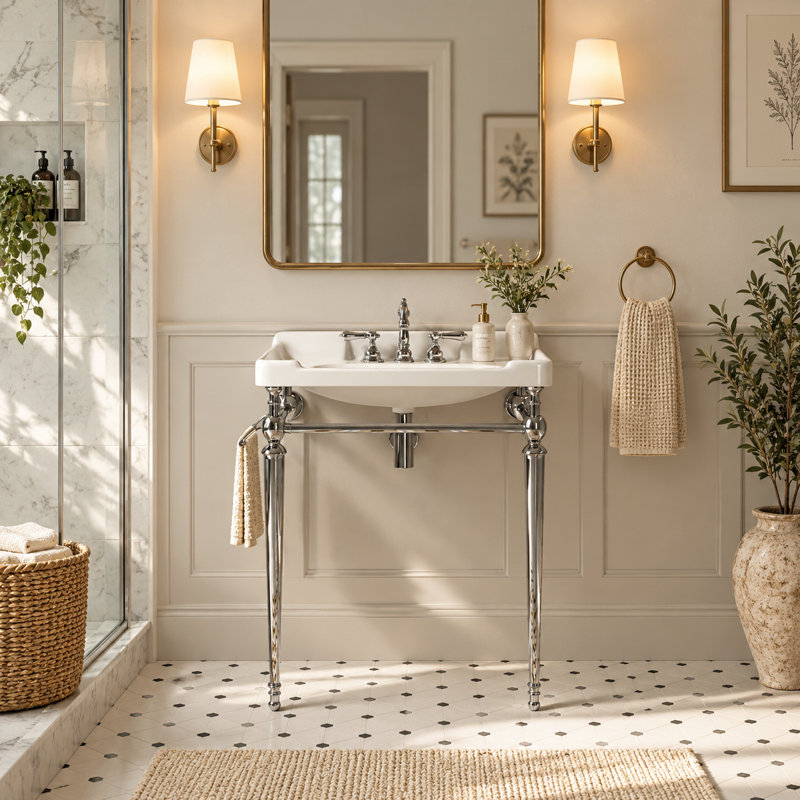 28" Ceramic Console Bathroom Vanity with Metal Stand and Towel Bar, Silver, 28", White