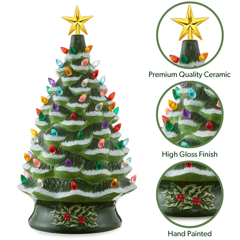 24" Hand Painted Ceramic Christmas Tree, Pre-Lit Tree with Star, White/Green