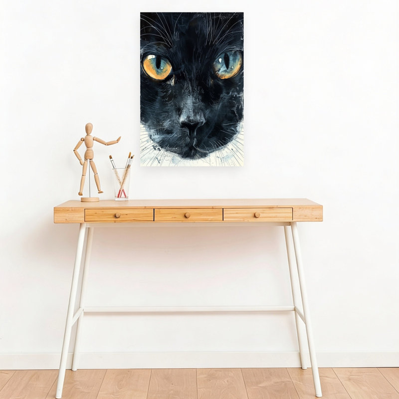 Chat noir captivant, art mural contemporain, H 18 po x l 12 po