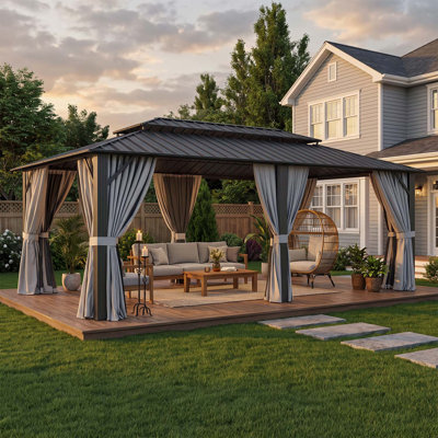 Gazebo d'extérieur en métal rigide de 6 m x 3,6 m avec structure en aluminium, rideaux d'intimité et moustiquaire