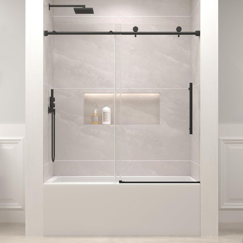 60" Sliding Shower Door 55-59" W, Brushed Stainless Steel Glass Door with Seal Strip & Handle, Black