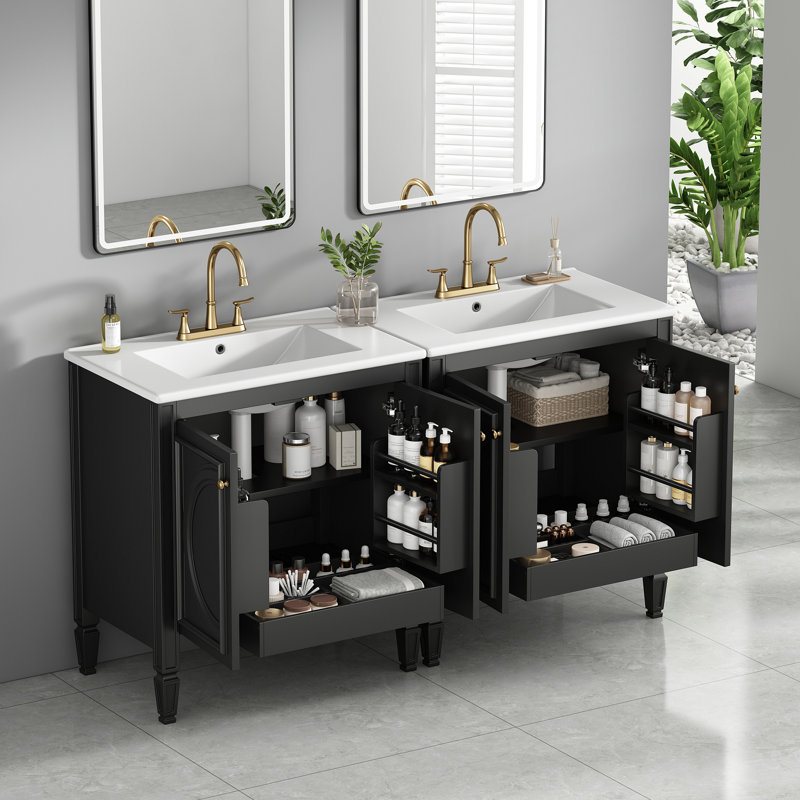 Ensemble de meuble-lavabo 60 po avec lavabo double, lavabo en céramique, portes à fermeture en douceur avec tablette, tiroir de rangement