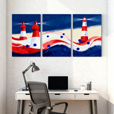 Nautique et plage, phare, vagues, rouge, blanc, bleu, ensemble de 3 impressions sur toile