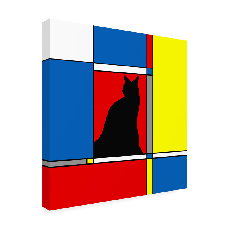 Art mural sur toile tendue - «Mondrian Cat» vert Howie pour décor de salon, de chambre à coucher ou de bureau - 14 x 14