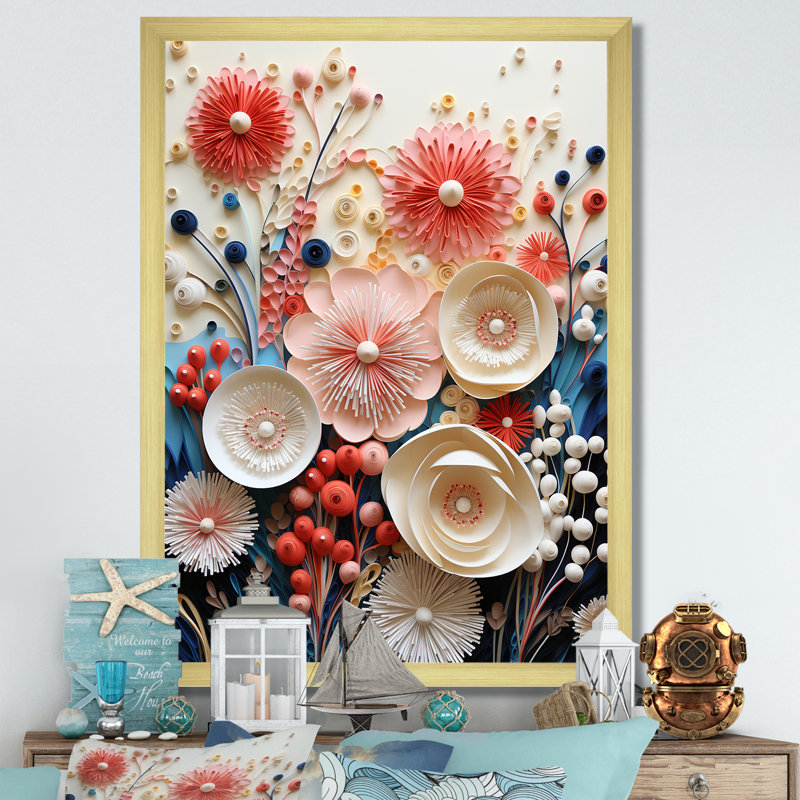 Fleurs de corail abstraites rouges et blanches - reproduction sur toile, H 20 po x l 12 po x P 1 po, Cadre doré simple