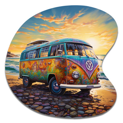 «Magic Hippie Bus On The Beach - Car Van Drop Shape», art mural en métal asymétrique