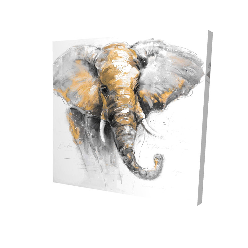 Magnifique toile éléphant doré - décor animalier pour le salon, H 24 po x l 24 po, Gris/doré