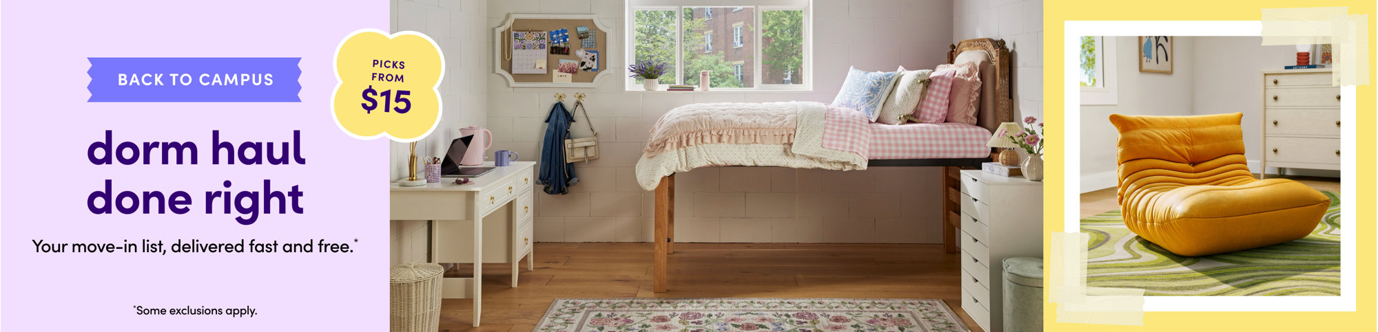 Back to campus dorm haul banner with picks from $15, featuring a pink checkered lofted bed and white study desk.