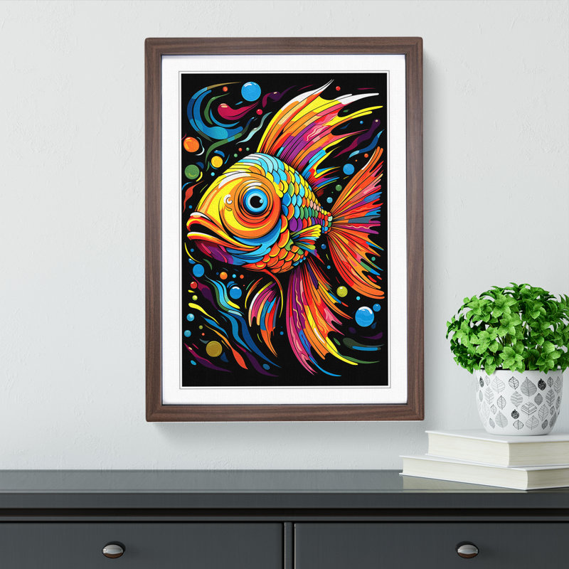 Fish Pop - Single Picture Frame Print on Wood, Walnut Framed, 46cm H x 34cm W