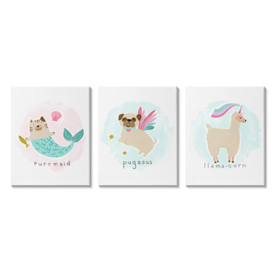 Whimsical Mythical Animals Creatures Cute Cartoon Style 3Pc Oversized Stretched Canvas Art Set By June Erica Vess a3-144_cn_3pc_24x30 -  Stupell Industries, a3-144_cn_3pc_16x20