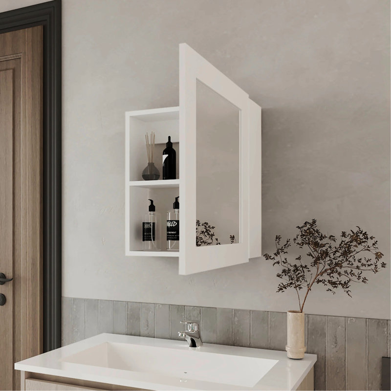 Unité de rangement moderne pour salle de bain blanche - 2 tablettes, avec armoire à pharmacie avec miroir inclus, Blanc