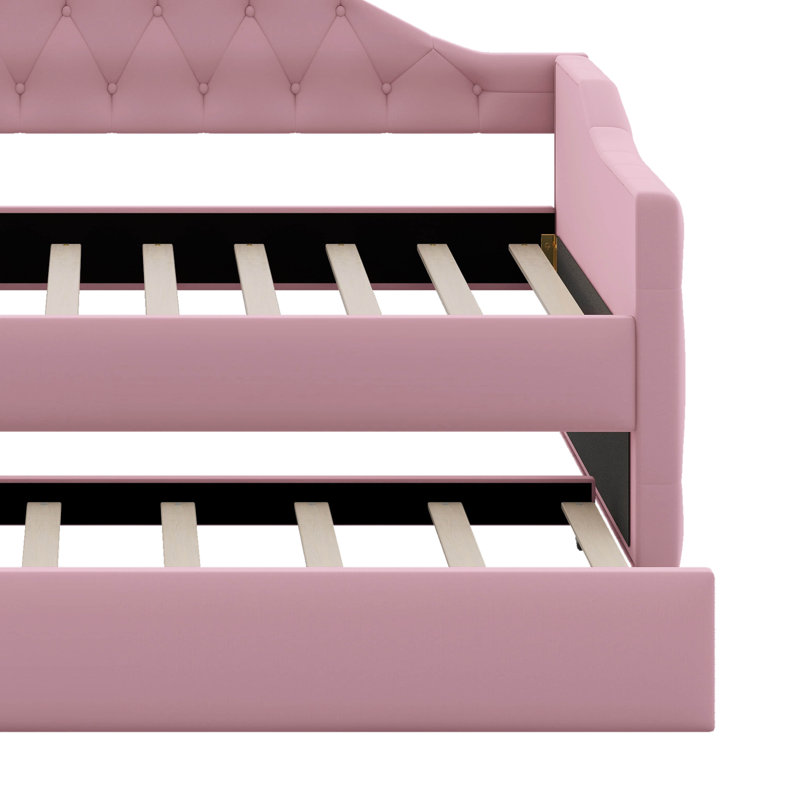 Lit de jour simple capitonné en velours avec couchette et ports de charge USB et Type-C, Rose