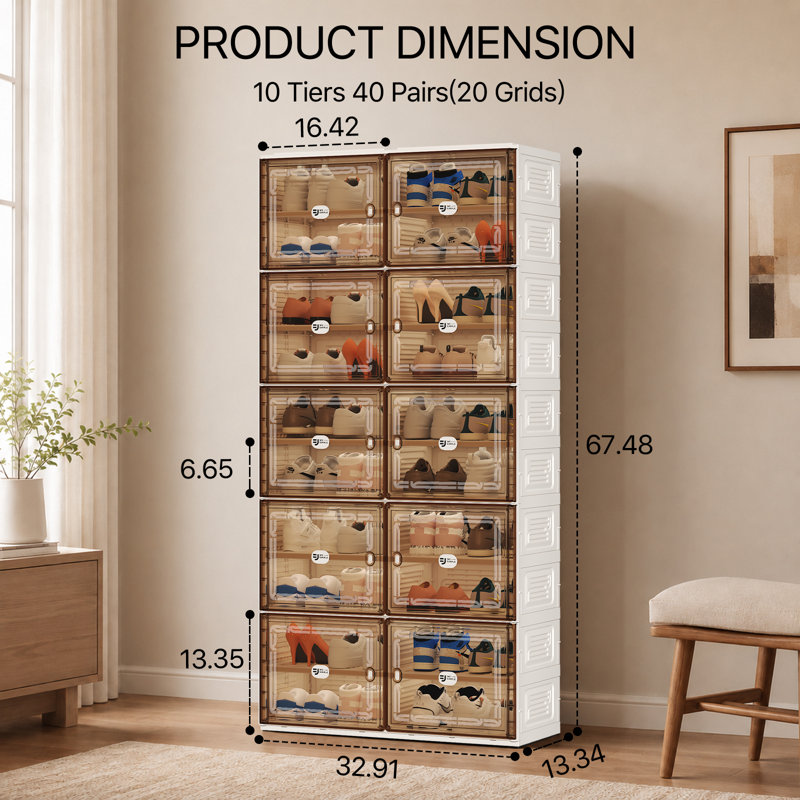 10-Tier 40 Pair Foldable Double Column Shoe Storage Cabinet with Magnetic Clear Doors, Versatile Shoe Organizer for Entryway, Closet, Small Spaces (White)