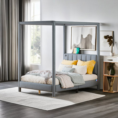 Grand lit plateforme à baldaquin avec ports USB et Type-C, toile