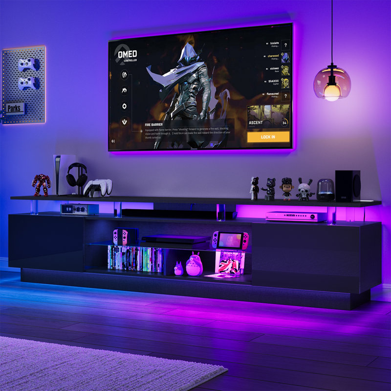 Meuble télé Zytha de 80 po pour téléviseur de 90 po ou moins, console multimédia moderne avec lumière DEL RVB et station de charge intégrée, grand espace de rangement   