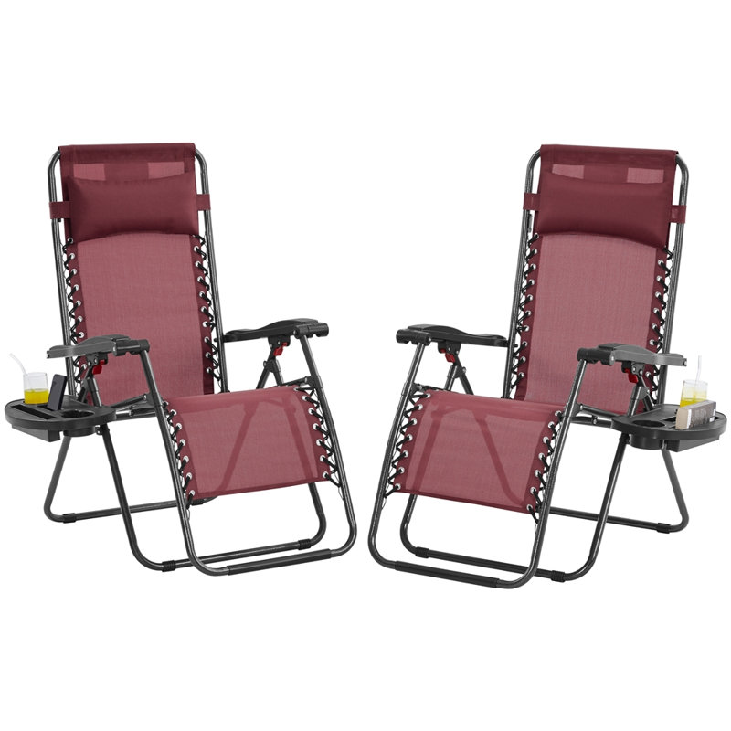 25in Outdoor Zero Gravity Chair with Cupholder and Pillow, Burgundy/Black