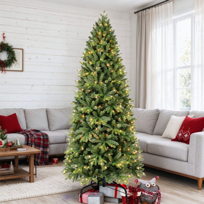 Sapin de Noël de 1,80 m (6 pieds) avec 1032 branches, 300 lumières DEL blanc chaud, structure articulée en PVC et PE, montage facile, support en métal robuste, décoration de Noël luxuriante pour l'intérieur.
