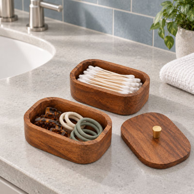 Support en Q en acacia avec couvercles, pots de rangement pour salle de bain double couche