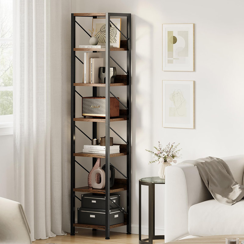 Narrow Bookshelf, 6-Tier Tall Skinny Bookcase, Rustic Industrial Metal Frame Corner Storage Display Shelf, Brown