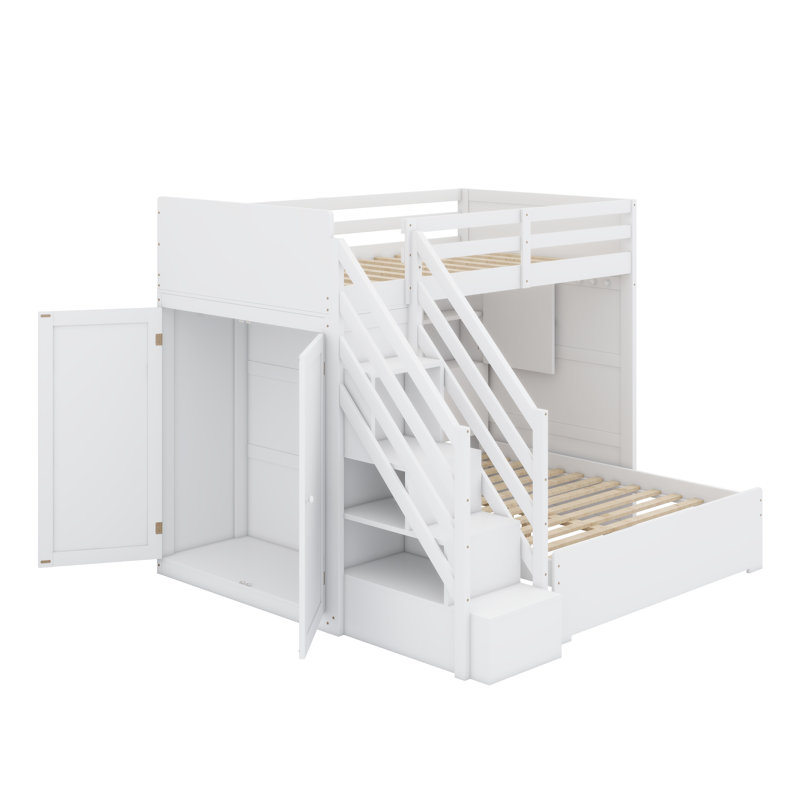 Lit superposé moderne avec escalier de rangement, garde-robe, ports USB et éclairage DEL, White