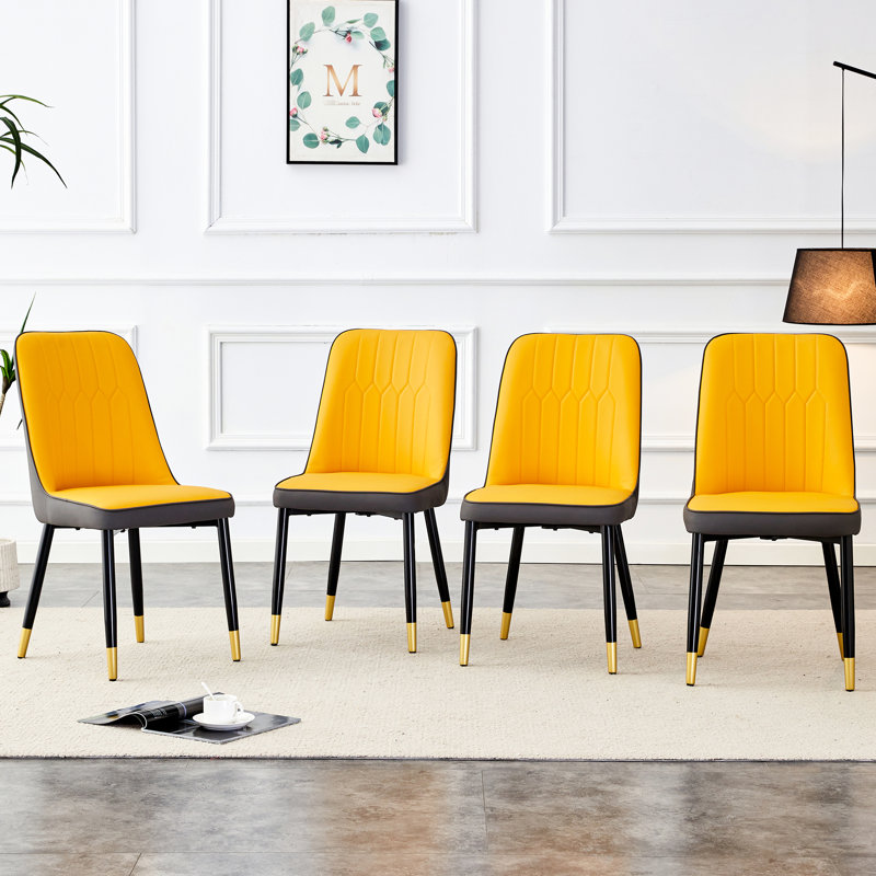 De 4 élégantes chaises de salle à manger, revêtement en cuir de polyuréthane gris-jaune, pieds en métal, coussin de siège épais pour une assise gracieuse dans la cuisine, la chambre à coucher, le bureau, le cuir orange et gris foncé contemporain, confortable et robuste