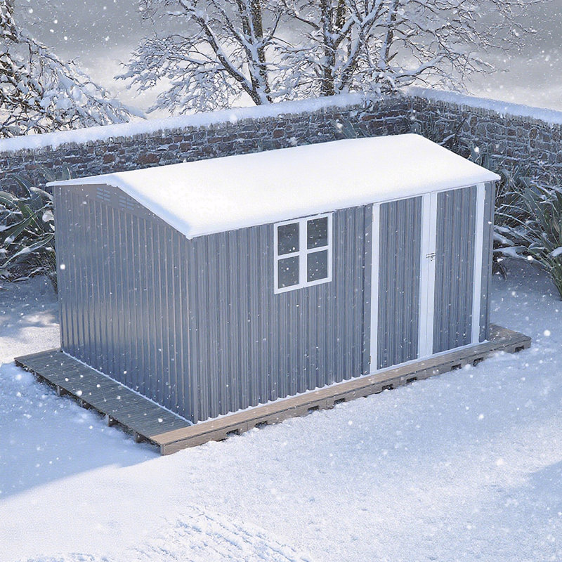 Remise de rangement extérieure 8 pi x 12 pi, bâtiment en acier très résistant avec fenêtre - avec portes à charnières grises et 4 bouches d'aération