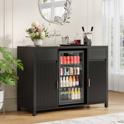 Modern Fluted Coffee Bar Cabinet with Mini Fridge Space & Charging Station – Wine Rack Sideboard, Adjustable Shelves, Large Storage – Ideal for Dining Room, Kitchen, Living Room