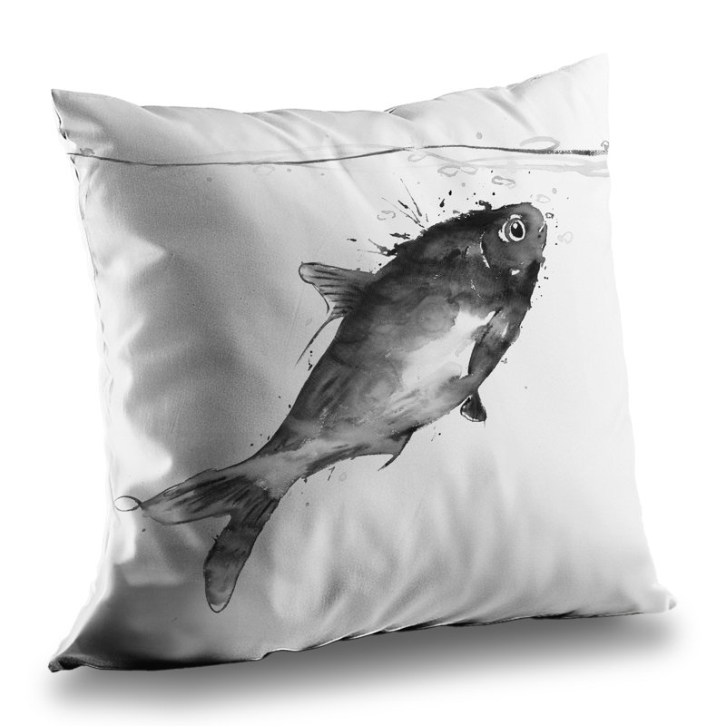 Happy swimming fish - Gray aquatic poly twill throw for decor