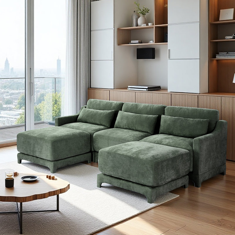 3 Seater Sofa, U Shape Sofa 2 Movable Ottomans,Chenille Fabric,High-Resilience Sponge,High Quality Wooden Base, Suits Studies, Living Rooms