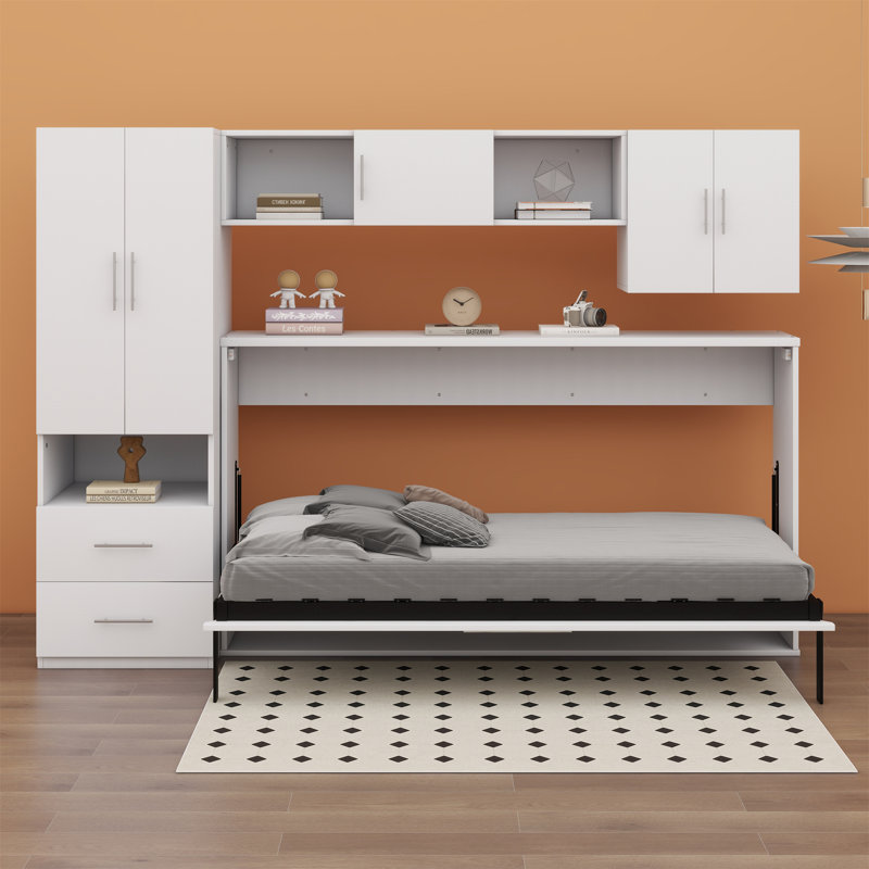 Murphy Bed With Open Shelves And Storage Drawers,Built-In Wardrobe And Table