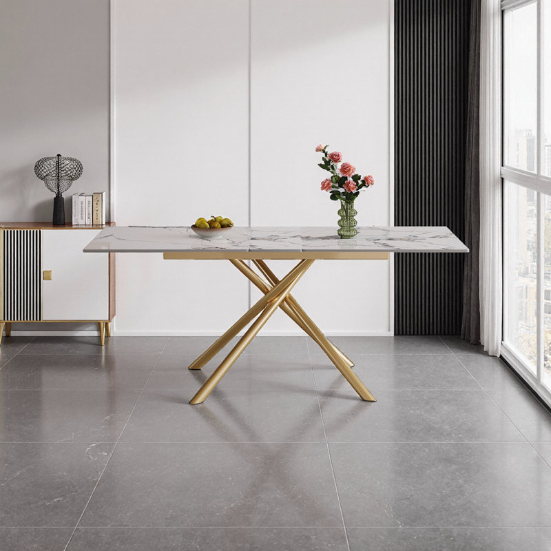 59-Inch Modern Rectangle Expandable Dining Table With Retractable Leaf, Sintered Stone Top & Carbon Steel X-Base, Sturdy 4-6 Person Table For Small Apartments, Kitchen, Dining Room