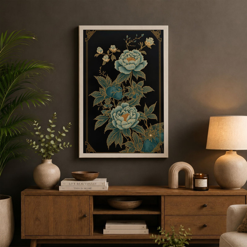 Peonies and Gold Botanical - Wrapped Canvas, 24x16 - 61.0 x 40.6 cm, Cream Border