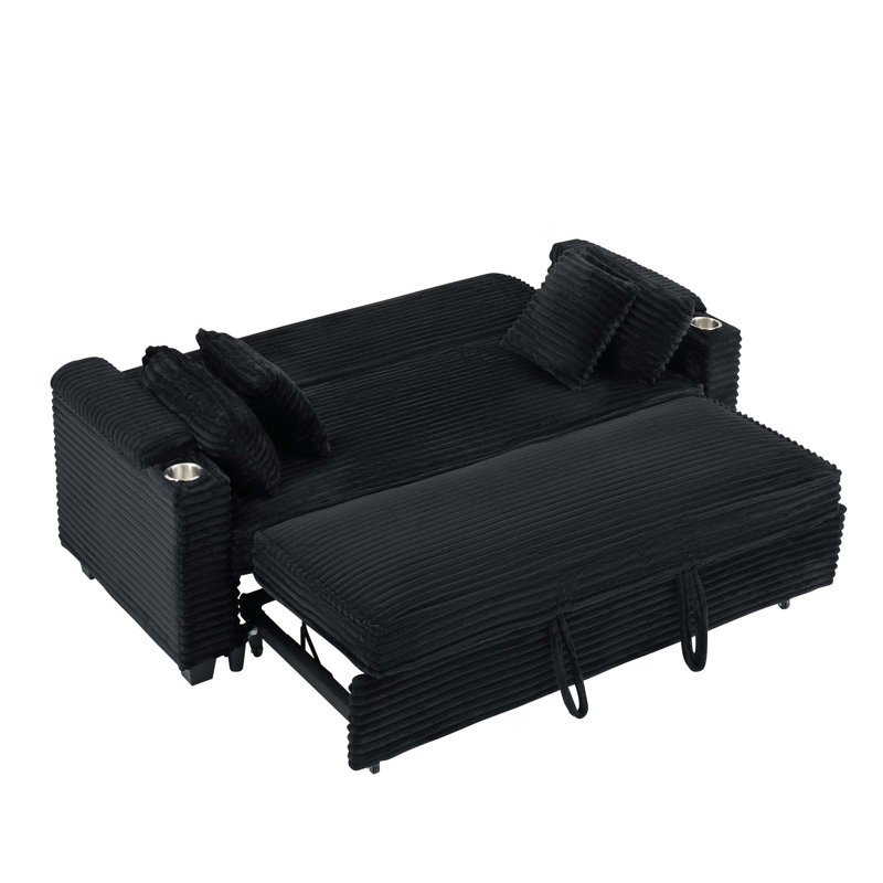 Canapé-lit extensible multifonctionnel en velours côtelé 80 pouces avec porte-gobelet, Noir