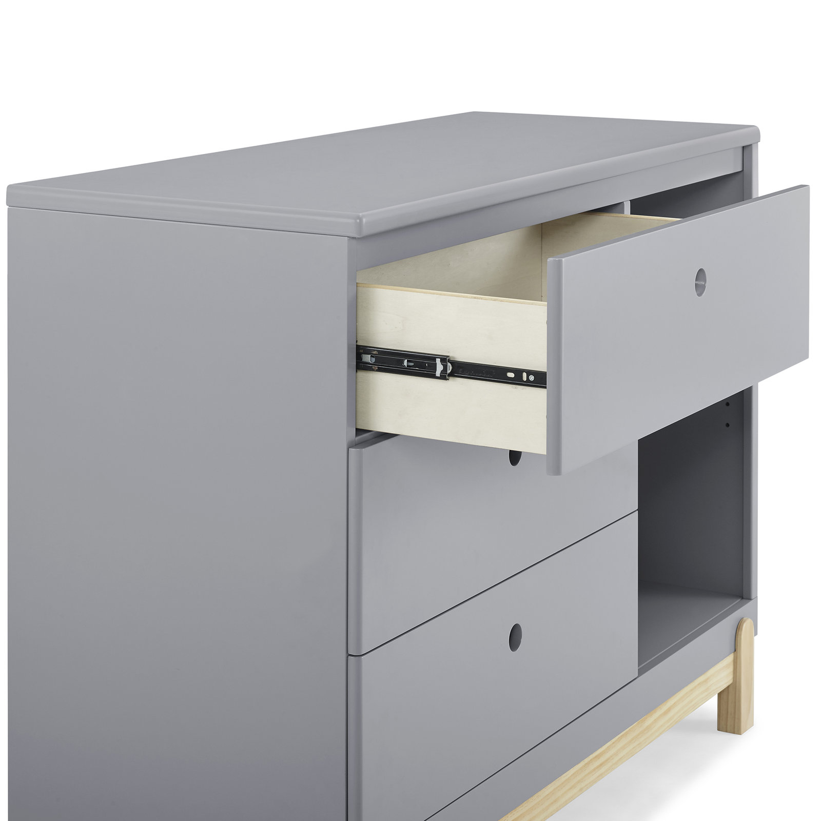 Poppy 3 Drawer Dresser with Cubbies and Interlocking Drawers, Gray/Natural