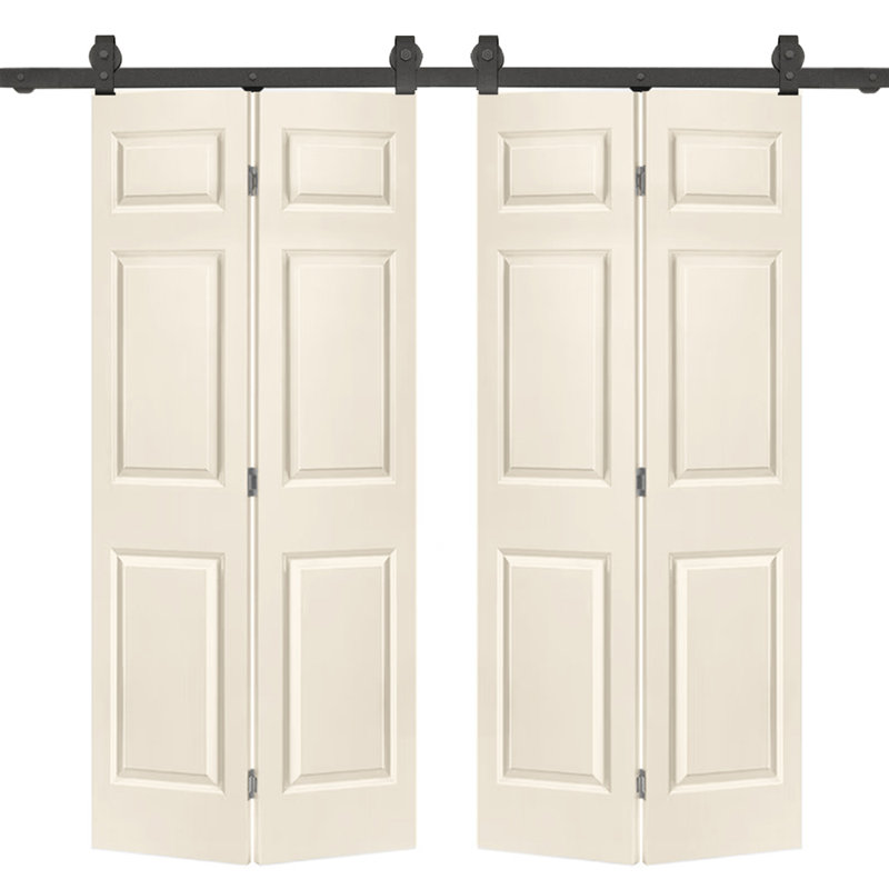 60-in x 84-in Beige MDF Double Bifold Barn Door with Black Hardware