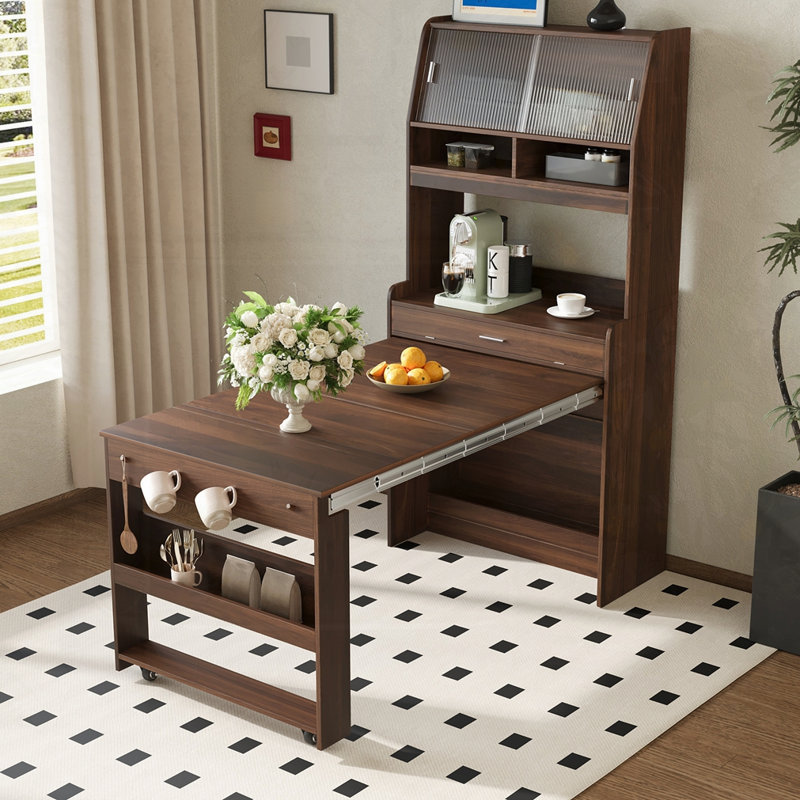 Foldable Dining Table with Buffet, Walnut