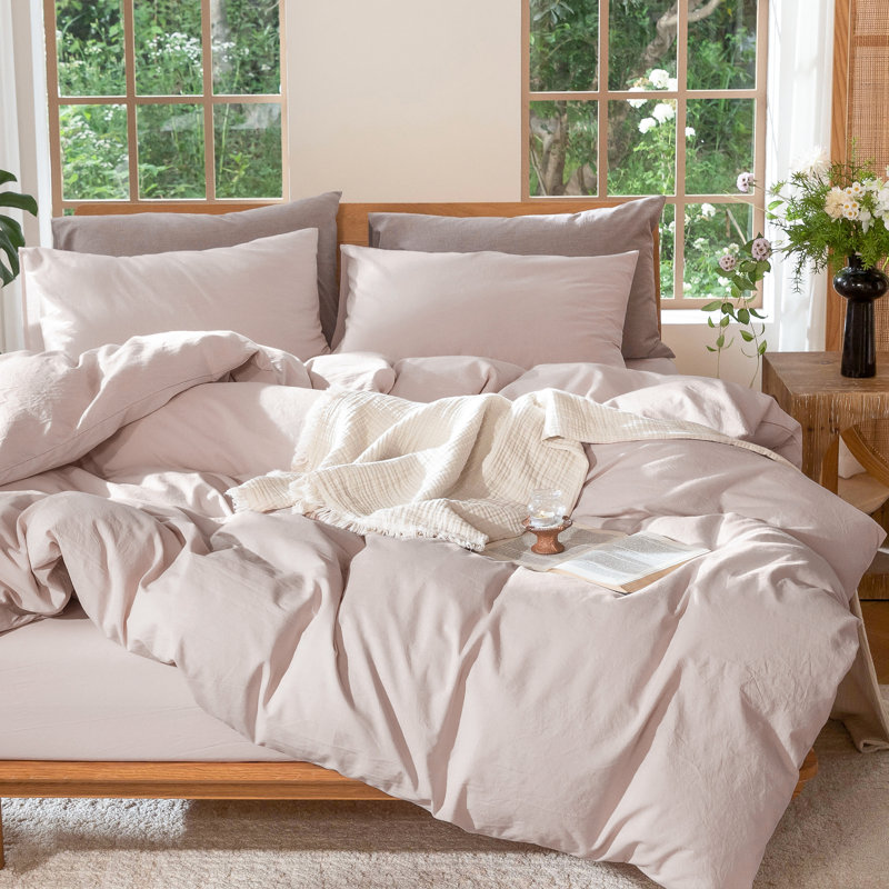 MooMee Lightweight Duvet Cover Set with Zipper Closure 8 Ties 100% Washed Cotton Linen Like Textured Soft Breathable All-Season