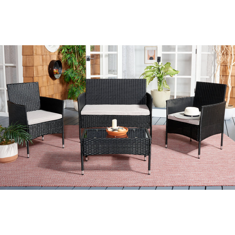 Ensemble de patio 4 pièces en rotin avec coussin, Structure noire / coussin gris clair