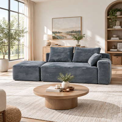Canapé d'angle modulaire infonuagique avec pouf et coussins, velours côtelé gris, méridienne à droite