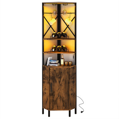 71.45” Industrial Corner Bar Cabinet with Power Outlet & LED Strip, 6-Tier Farmhouse Liquor Cabinet with Wine Storage for Small Space, Kitchen, Rustic by Wrought Studio